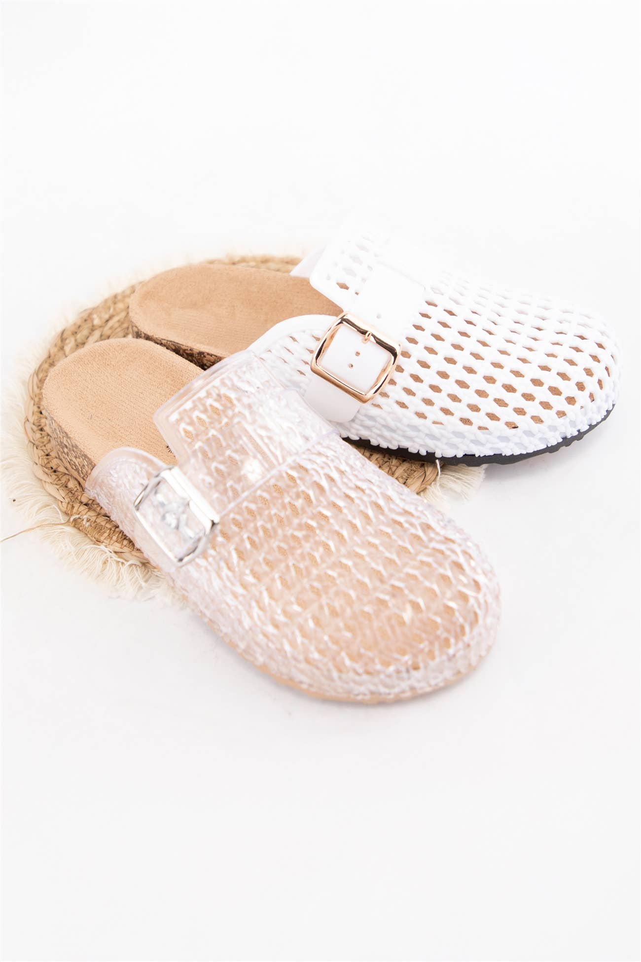 MATCHA-53 Jelly Mesh Buckle Clogs Summer Slip-On Cork Slide