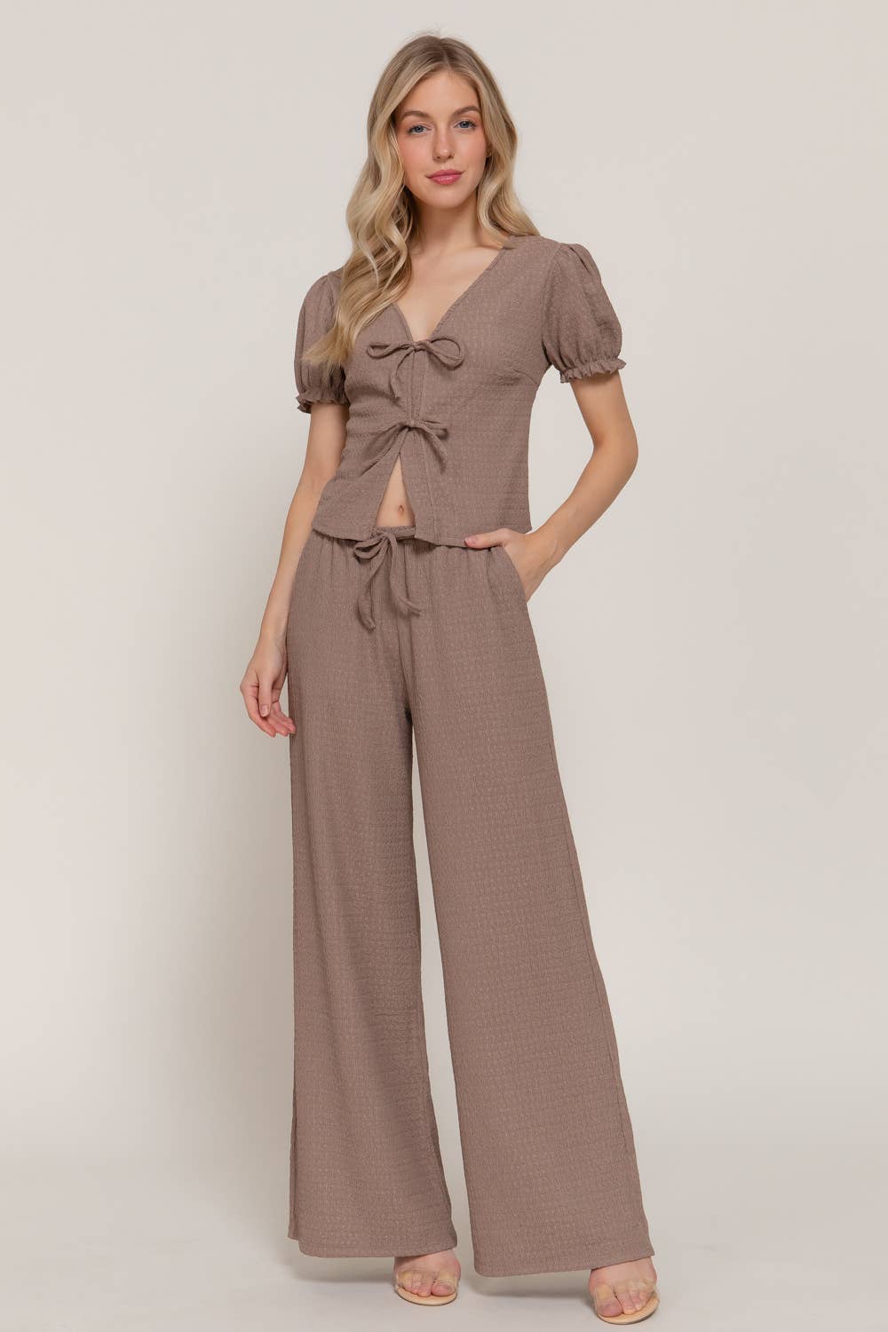 Short Sleeve V-Neck with Tie Top & Texture Knit Pants Set