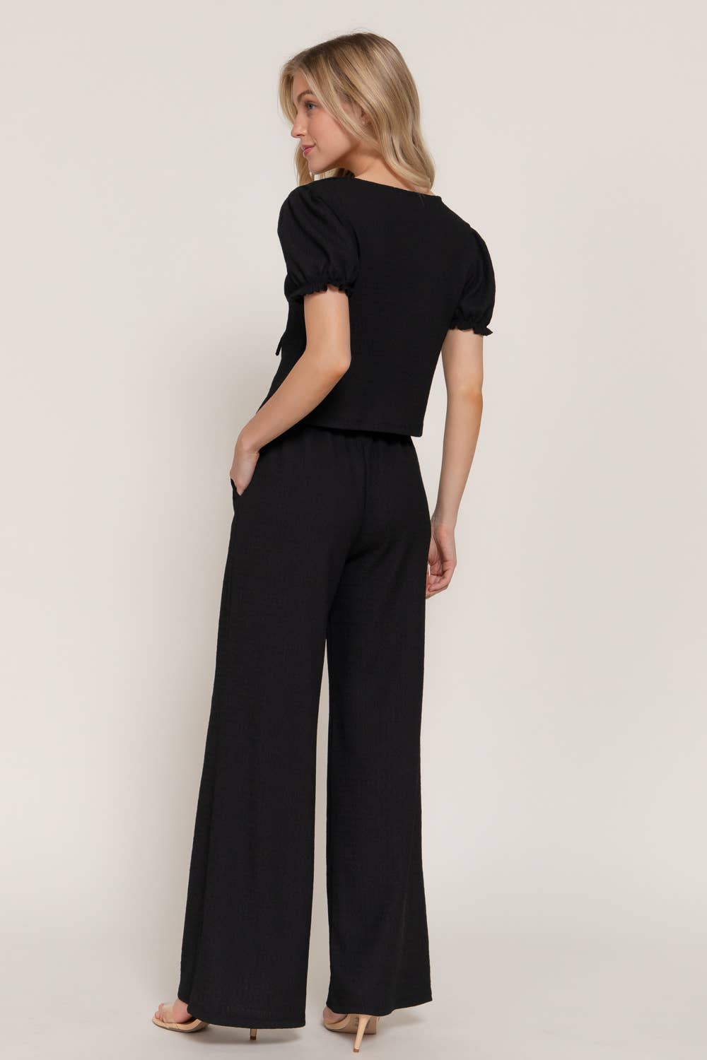 Short Sleeve V-Neck with Tie Top & Texture Knit Pants Set