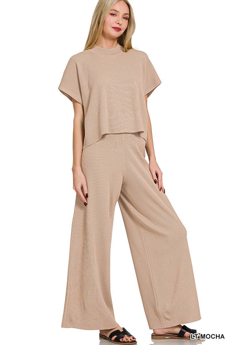 Zenana Boxy Top Wide Leg Ribbed Pants 2pcs Set