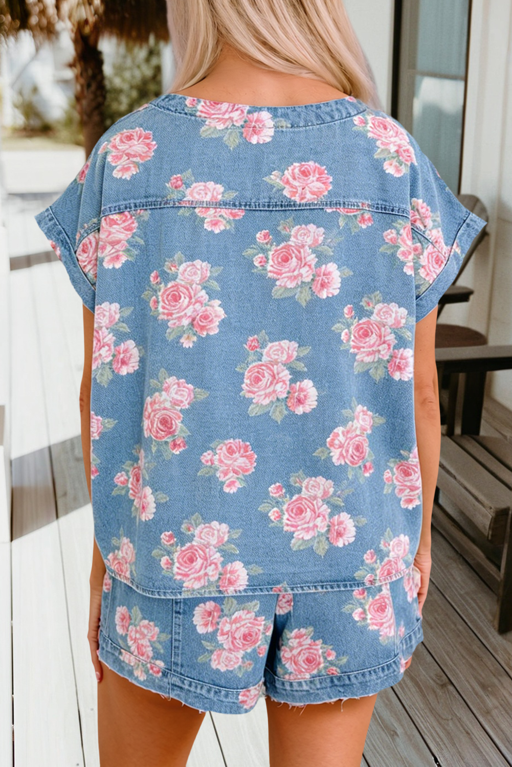 Floral Print Short Sleeve Top Shorts 2pcs Denim Set (S-XL)
