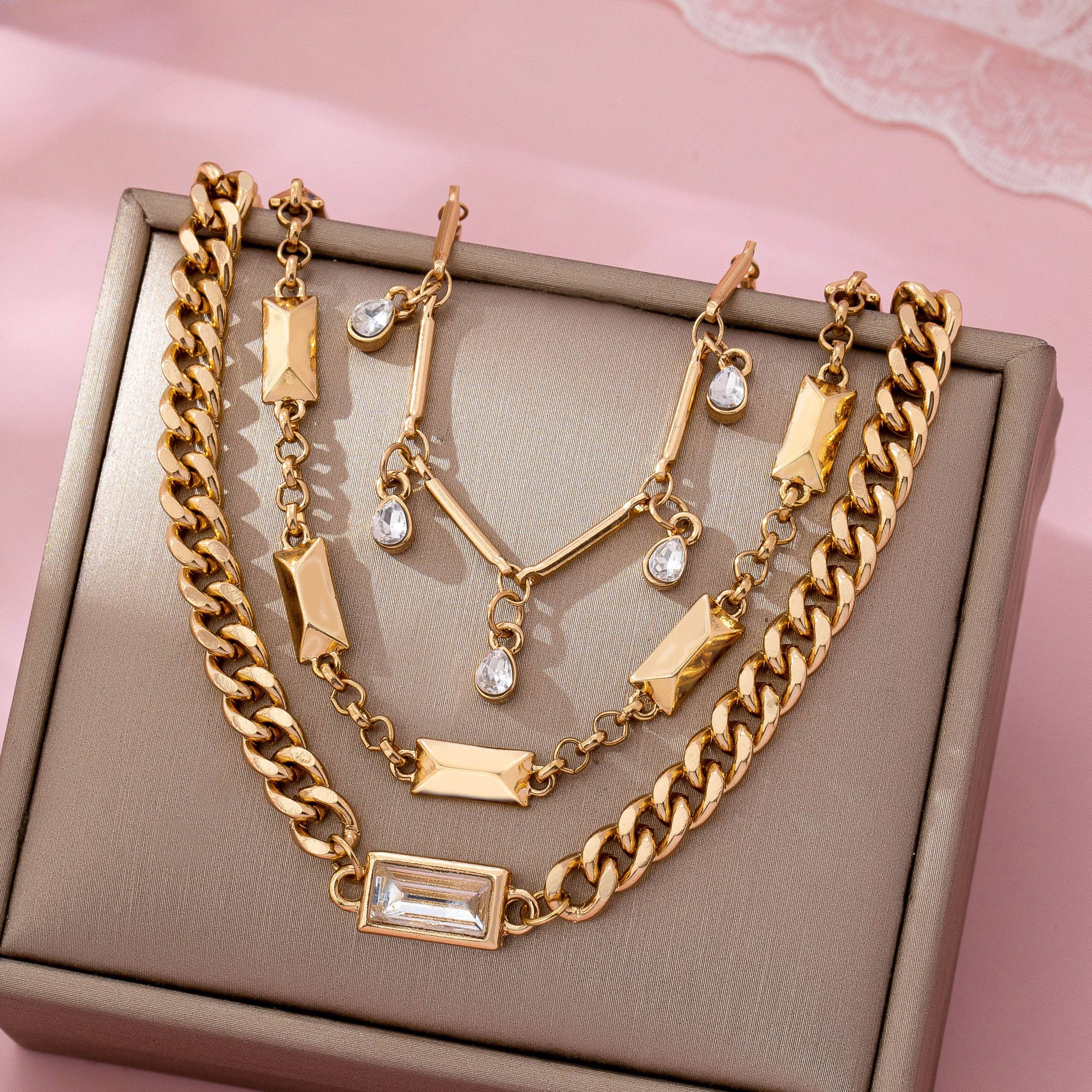 Gold Multi-Chain Crystal Drop Layered Bracelet | 80B1626
