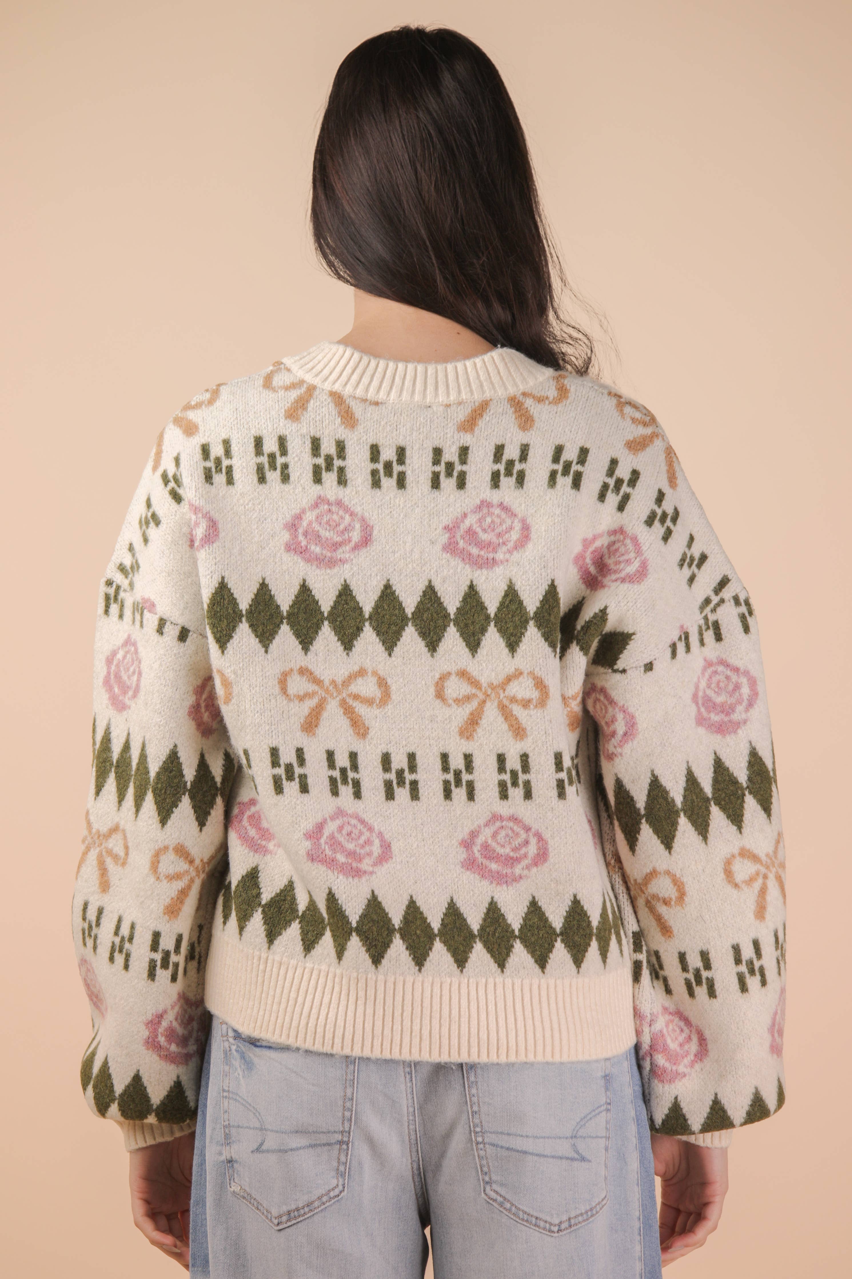 Bow & Floral Graphic Knit Sweater Cardigan