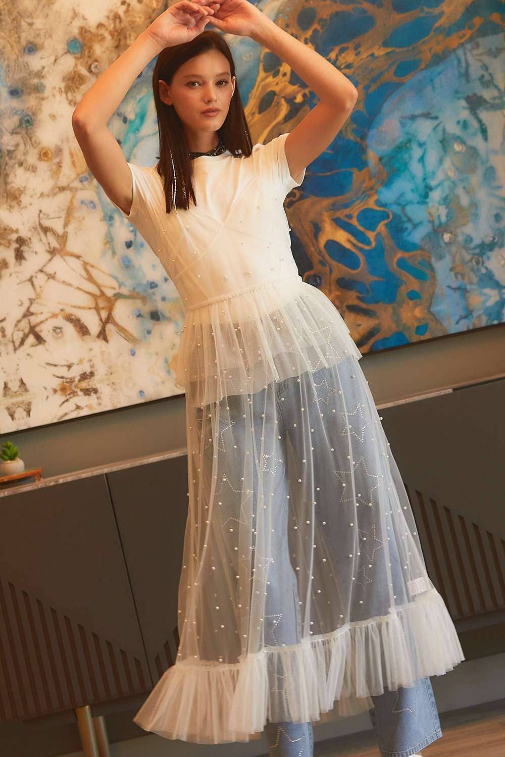 Pearl Ruffle See through Mesh Dress