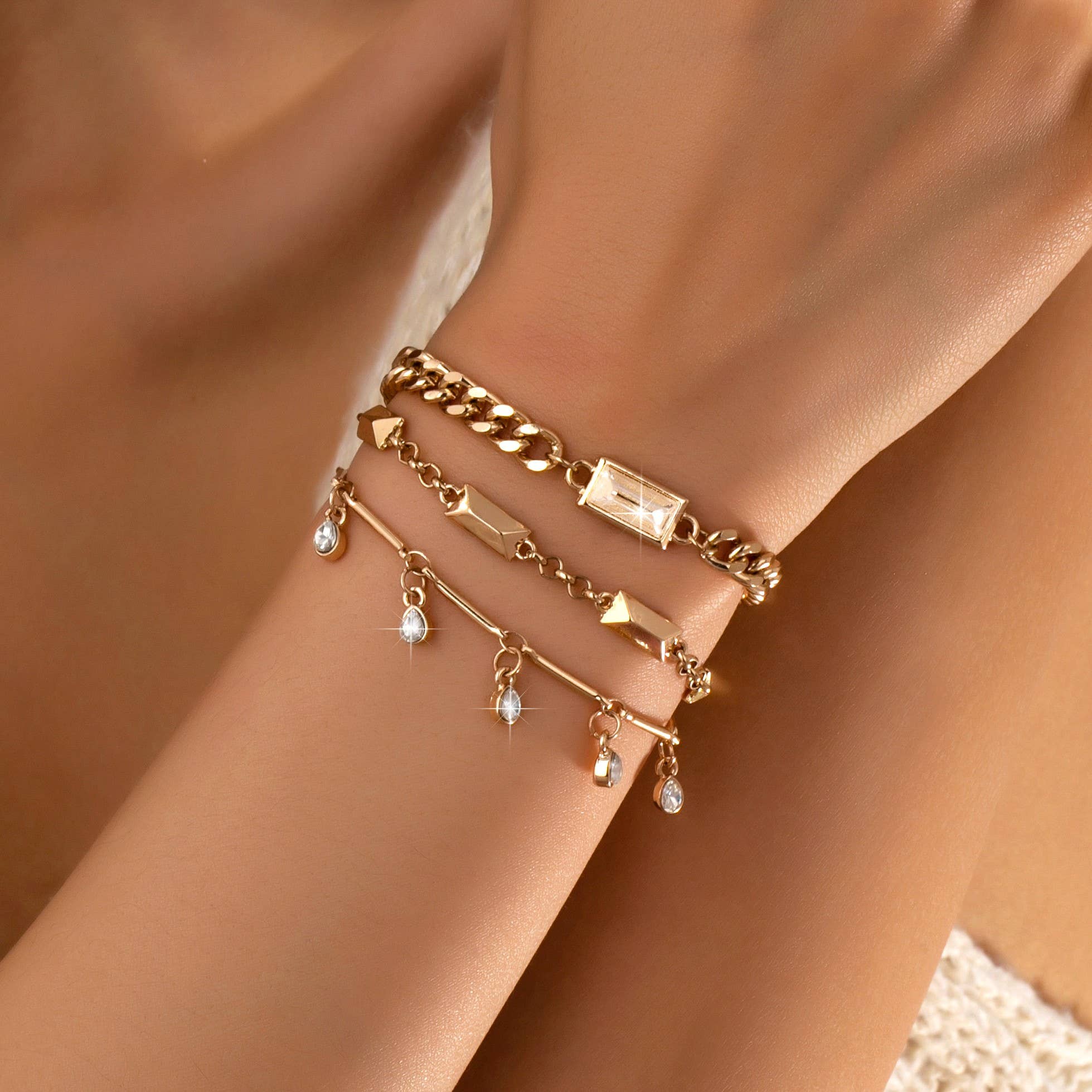 Gold Multi-Chain Crystal Drop Layered Bracelet | 80B1626