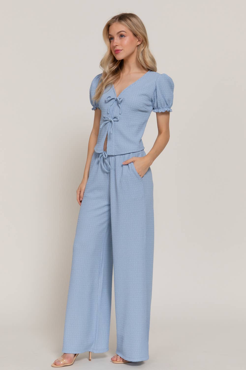 Short Sleeve V-Neck with Tie Top & Texture Knit Pants Set