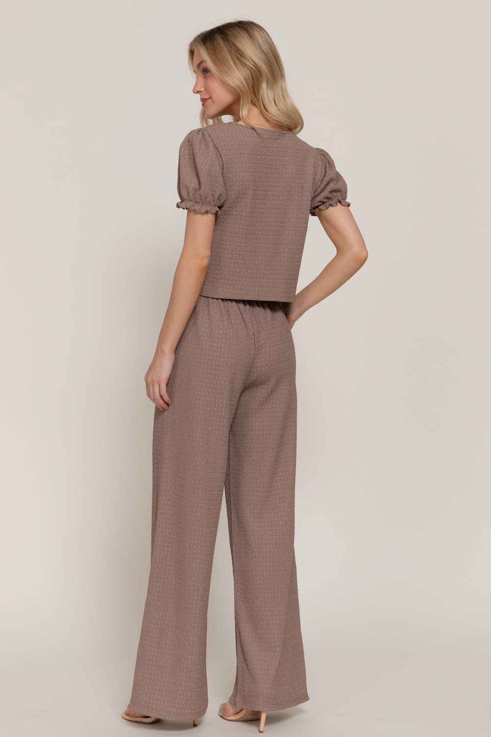 Short Sleeve V-Neck with Tie Top & Texture Knit Pants Set
