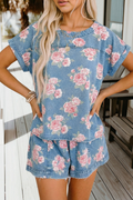 Floral Print Short Sleeve Top Shorts 2pcs Denim Set (S-XL)