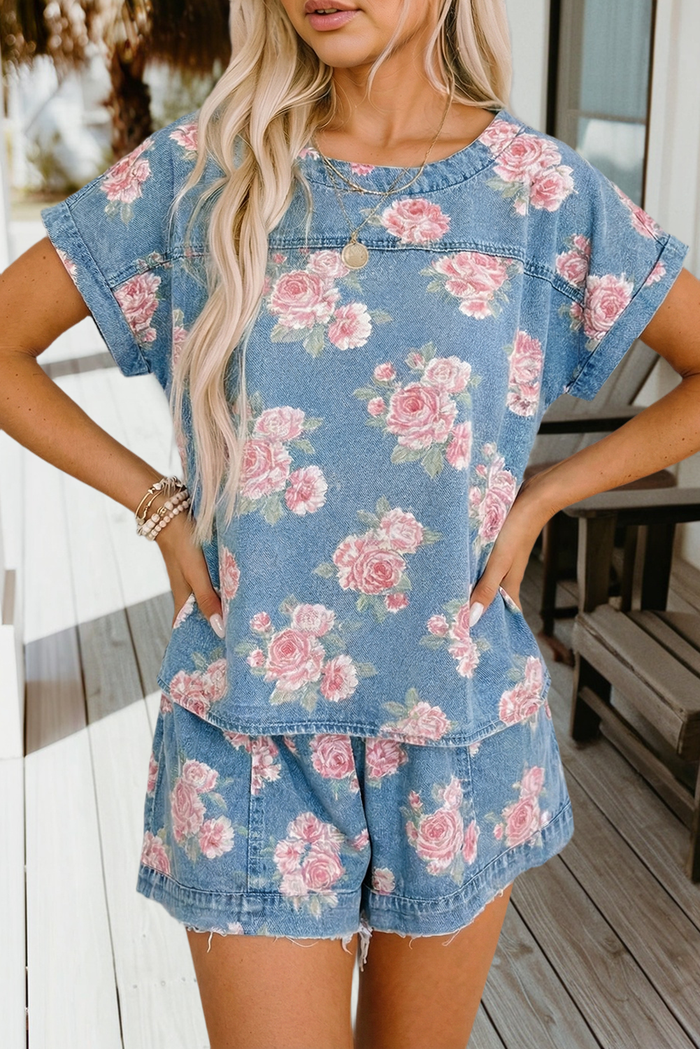 Floral Print Short Sleeve Top Shorts 2pcs Denim Set (S-XL)