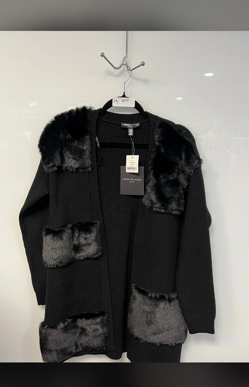 Adrienne Landau Black Faux Fur Trim Open-Front Cardigan