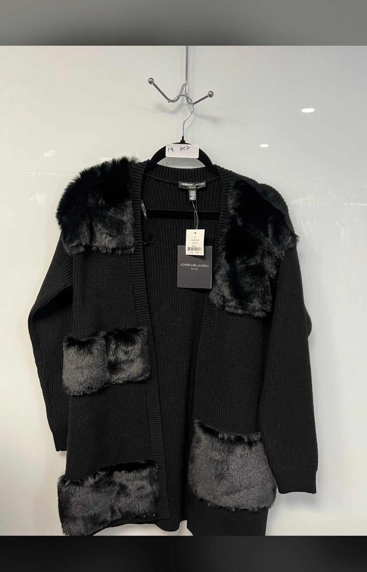 Adrienne Landau Black Faux Fur Trim Open-Front Cardigan