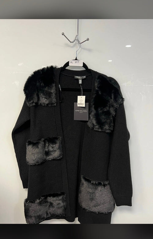 Adrienne Landau Black Faux Fur Trim Open-Front Cardigan