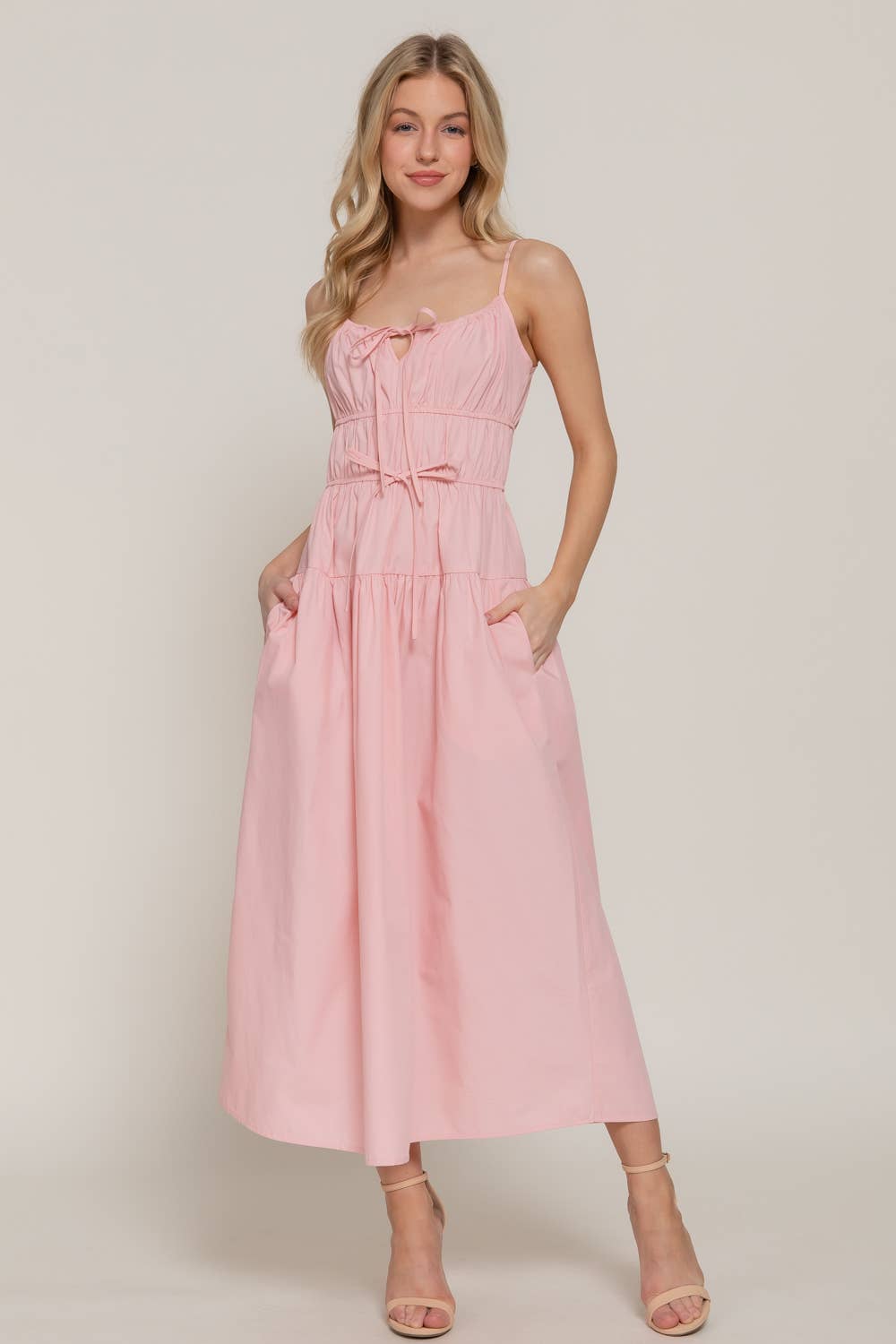 Front Tie Detail Tiered Long Dress