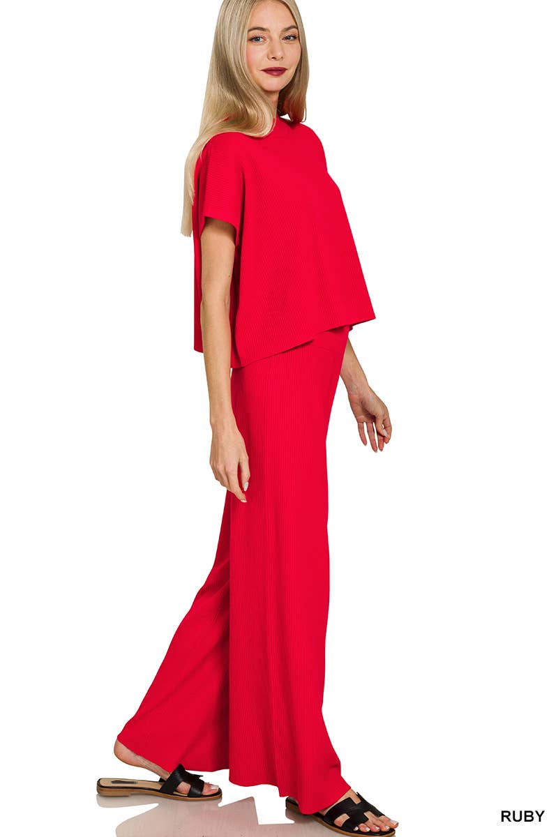 Zenana Boxy Top Wide Leg Ribbed Pants 2pcs Set