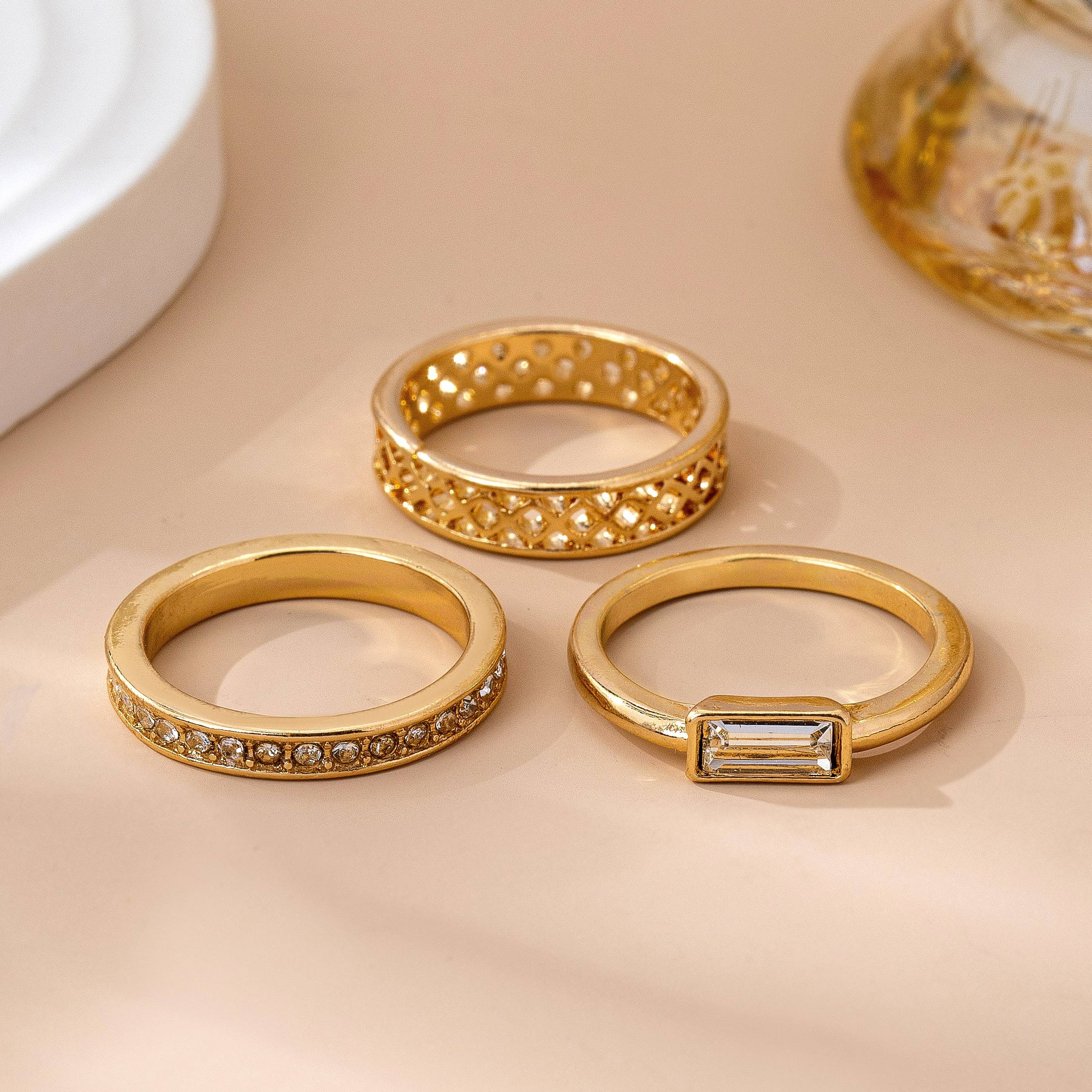 Gold Textured & Crystal Stacking Ring Trio | 80R154
