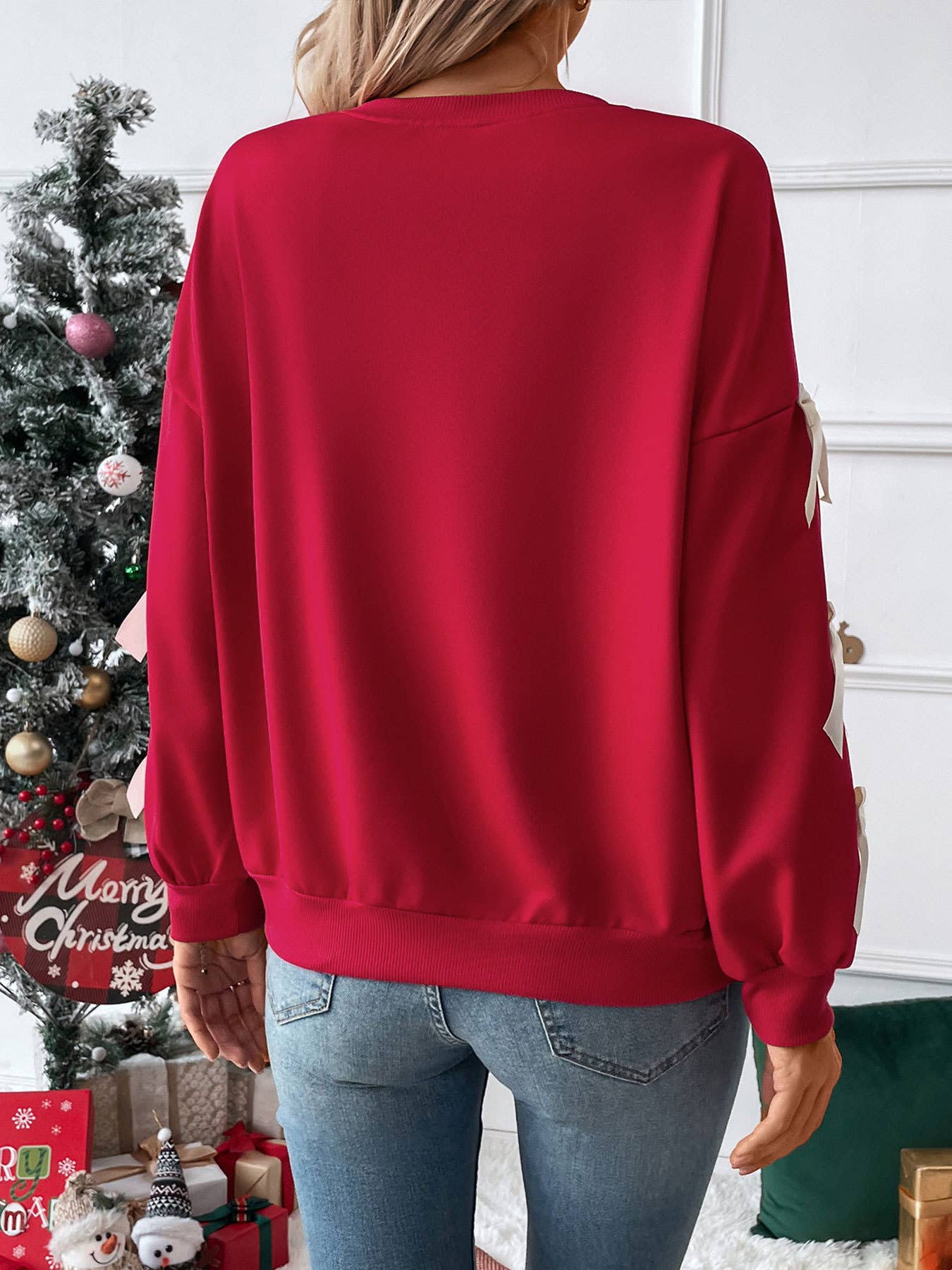 Lovesoft Red Bow-Sleeve Valentines Day Crew Neck Sweatshirt