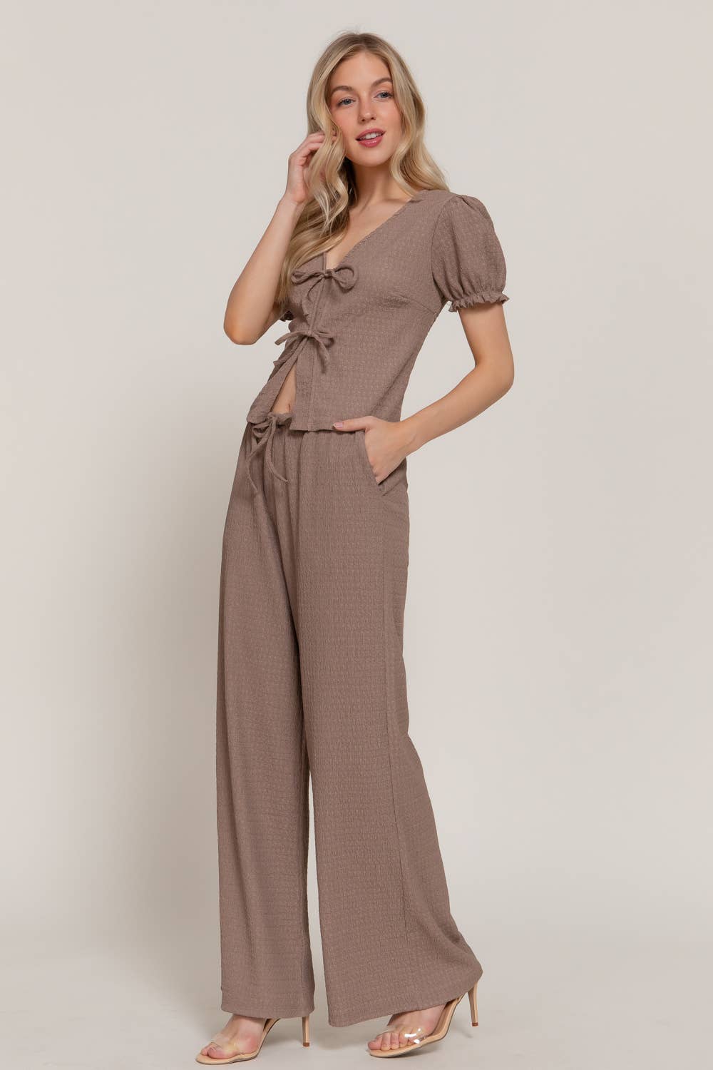 Short Sleeve V-Neck with Tie Top & Texture Knit Pants Set