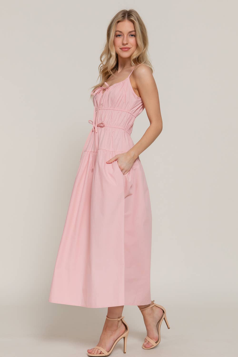Front Tie Detail Tiered Long Dress