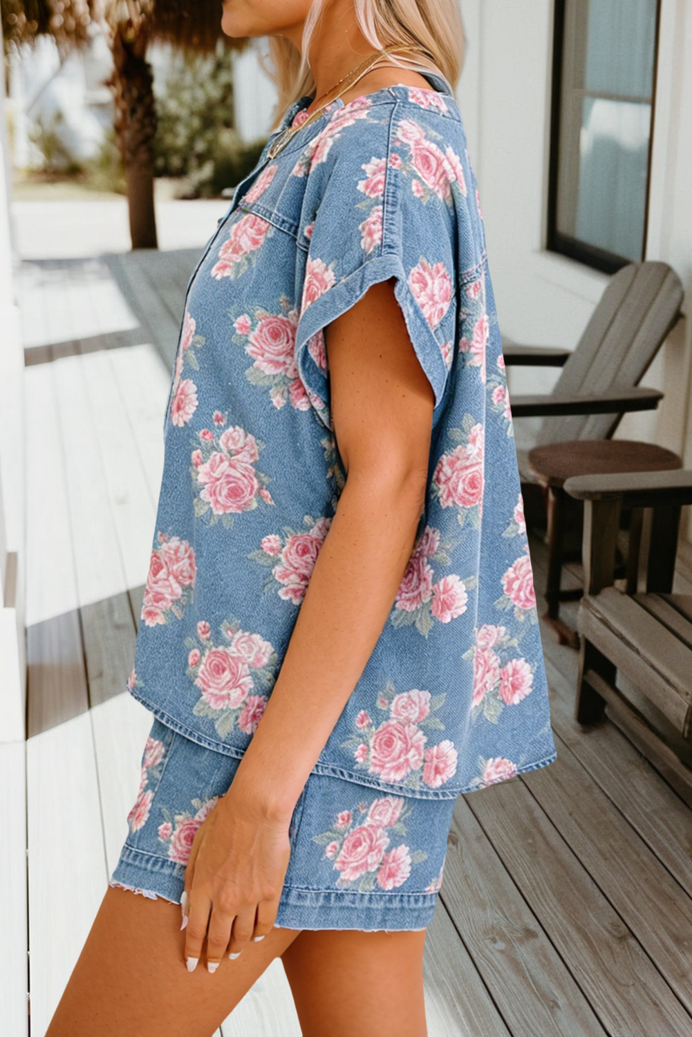 Floral Print Short Sleeve Top Shorts 2pcs Denim Set (S-XL)