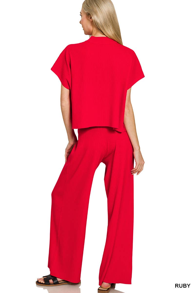 Zenana Boxy Top Wide Leg Ribbed Pants 2pcs Set