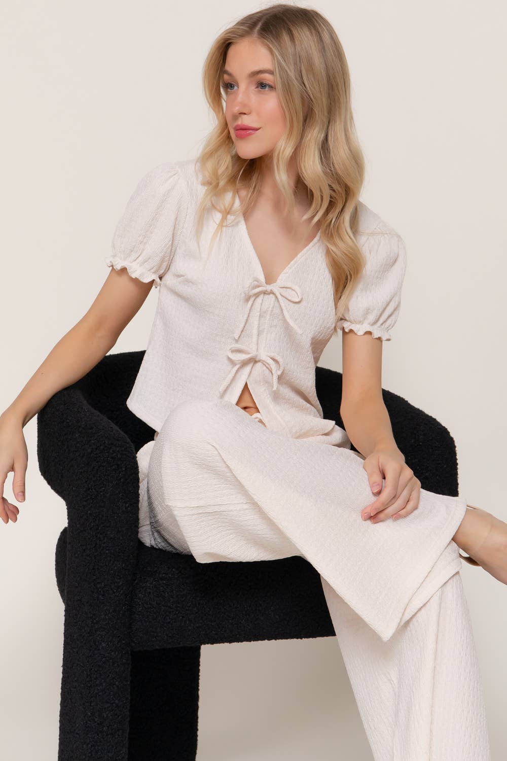 Short Sleeve V-Neck with Tie Top & Texture Knit Pants Set