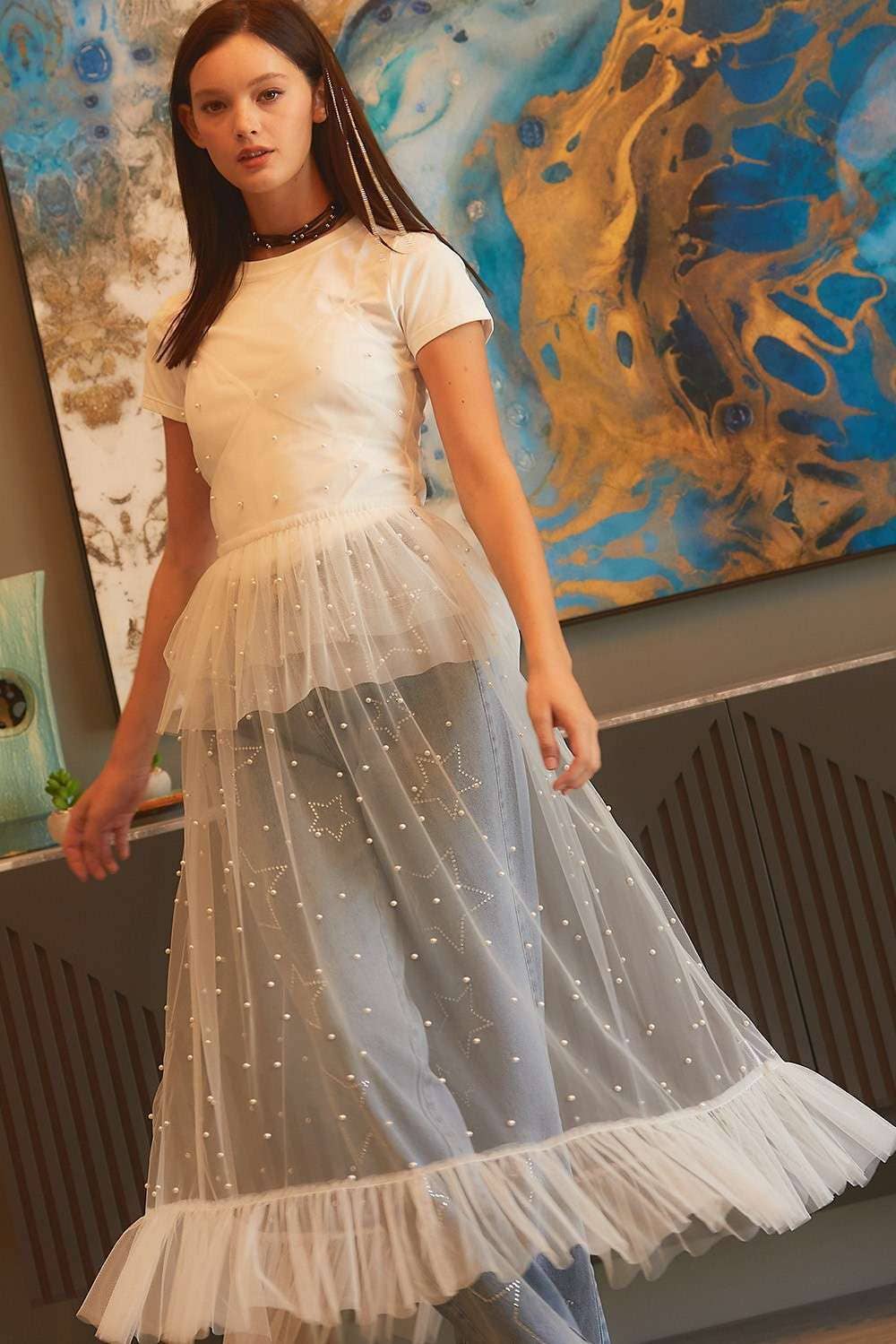Pearl Ruffle See through Mesh Dress
