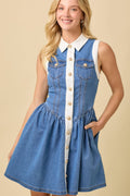 Collar Button Down Low Waist Denim Stretch Mini Dress