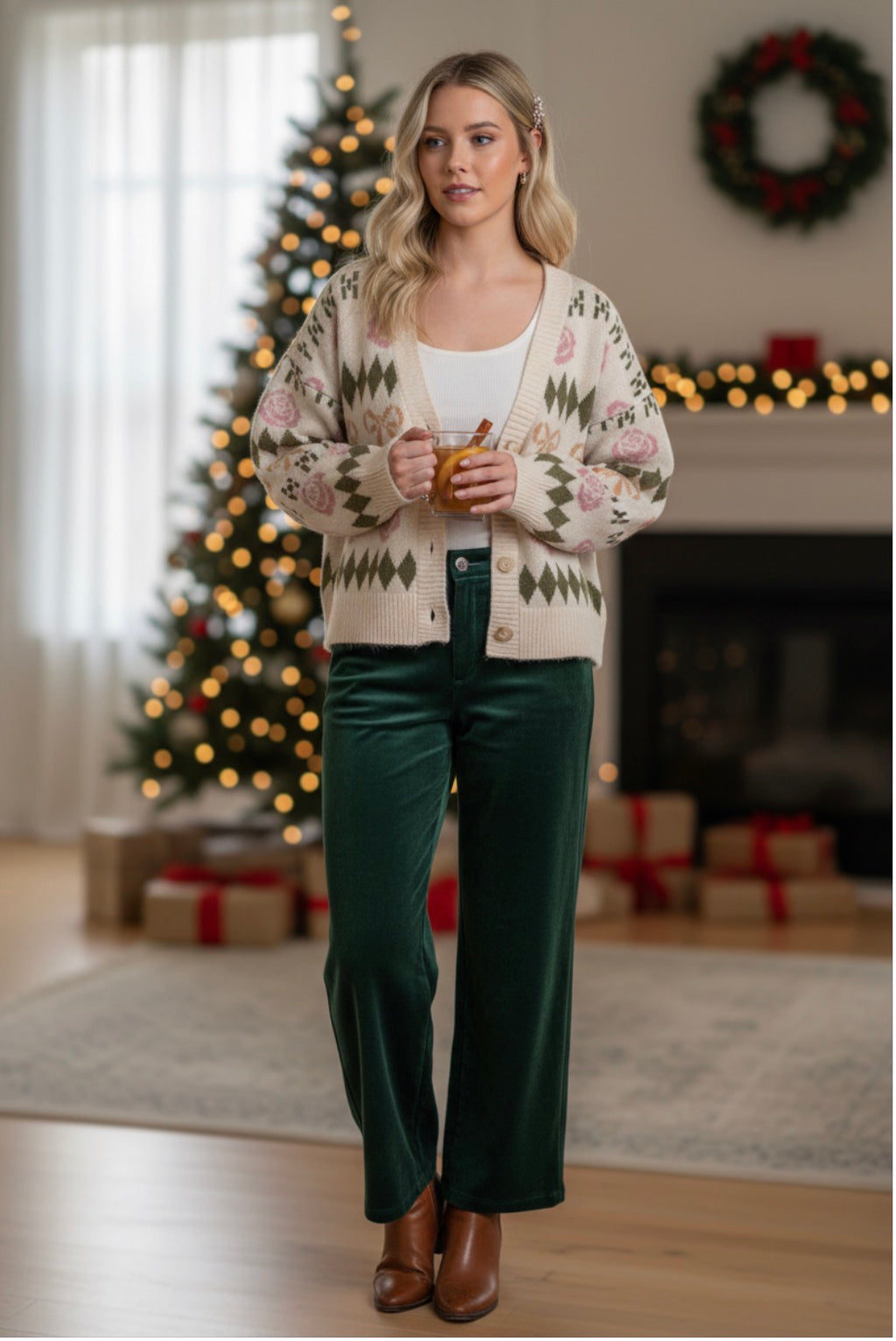 Bow & Floral Graphic Knit Sweater Cardigan