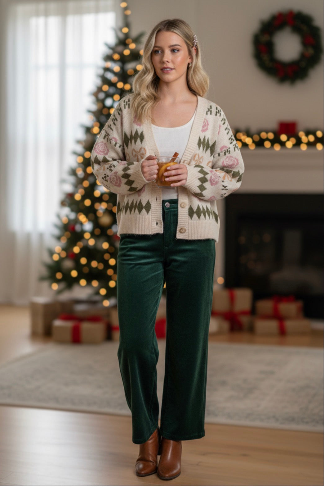 Bow & Floral Graphic Knit Sweater Cardigan