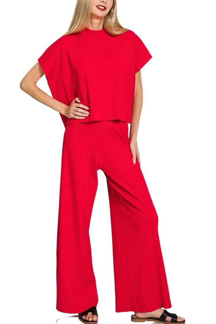 Zenana Boxy Top Wide Leg Ribbed Pants 2pcs Set
