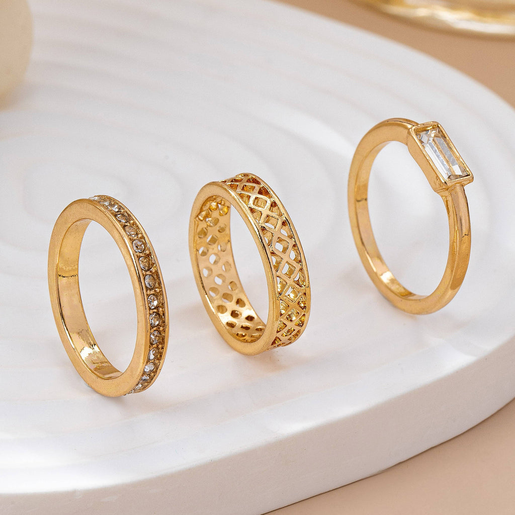 Gold Textured & Crystal Stacking Ring Trio | 80R154