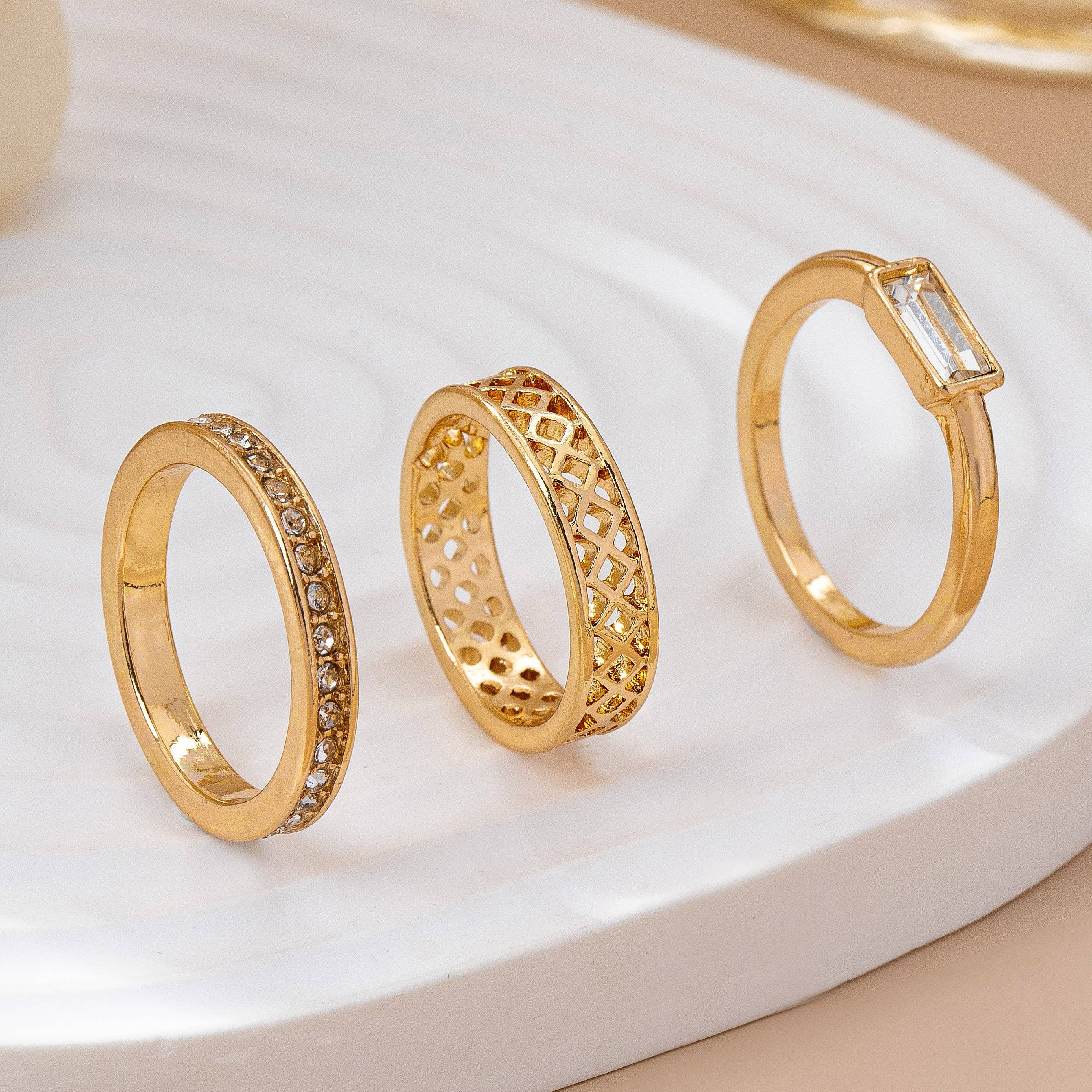 Gold Textured & Crystal Stacking Ring Trio | 80R154