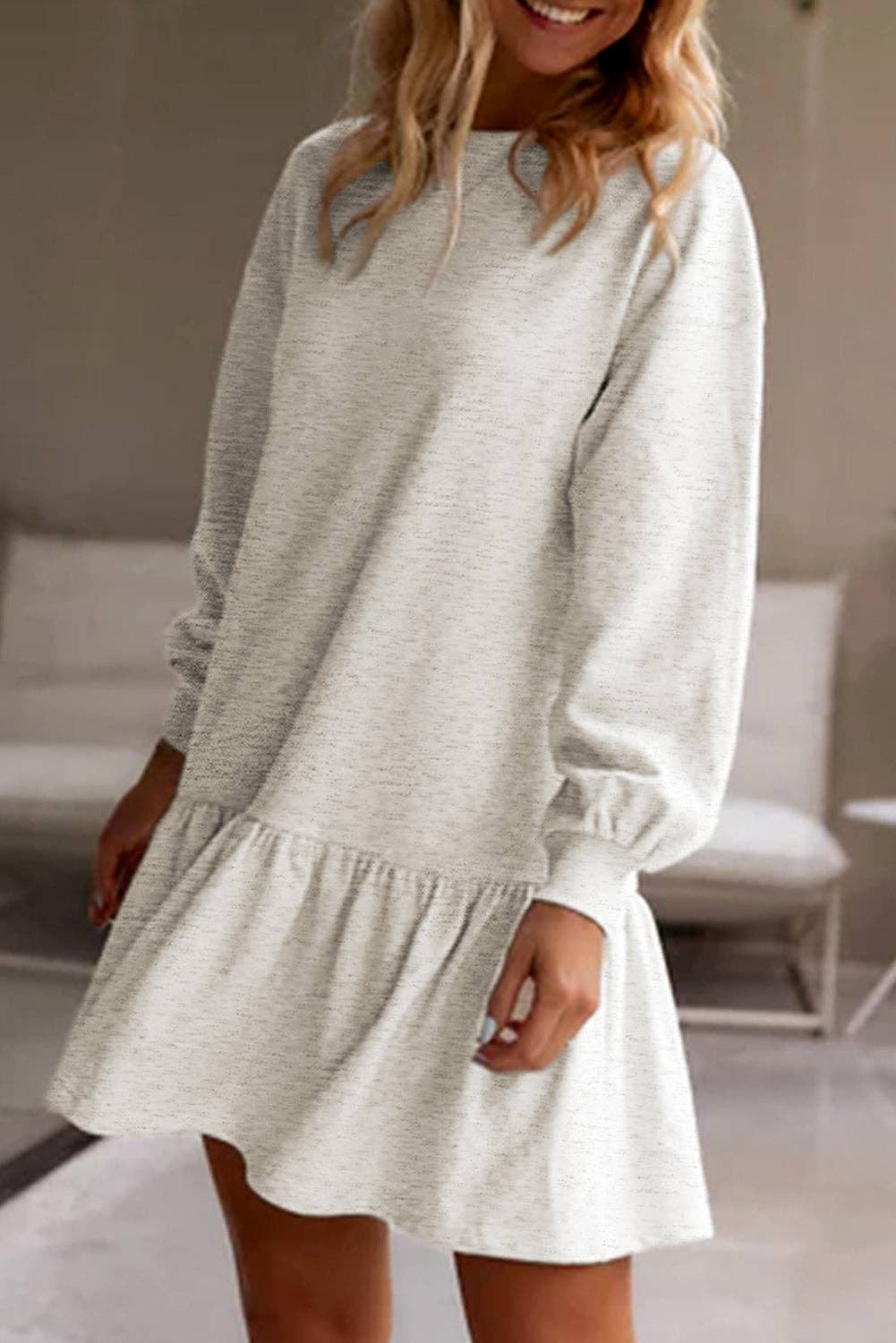 Classic Crew Neck Ruffle Hem Mini Dress