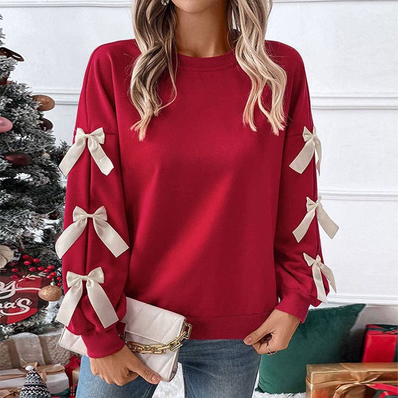 Lovesoft Red Bow-Sleeve Valentines Day Crew Neck Sweatshirt