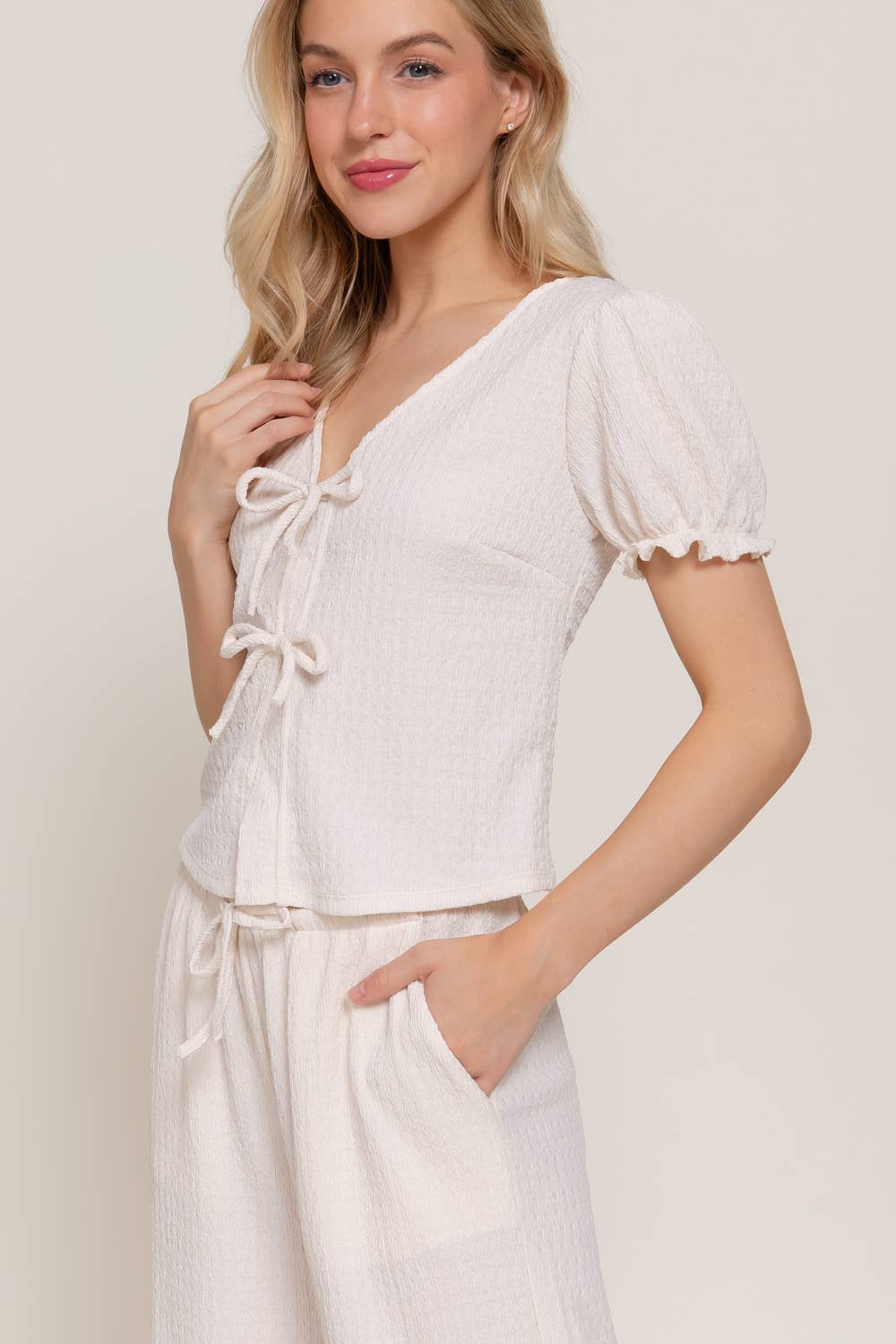 Short Sleeve V-Neck with Tie Top & Texture Knit Pants Set