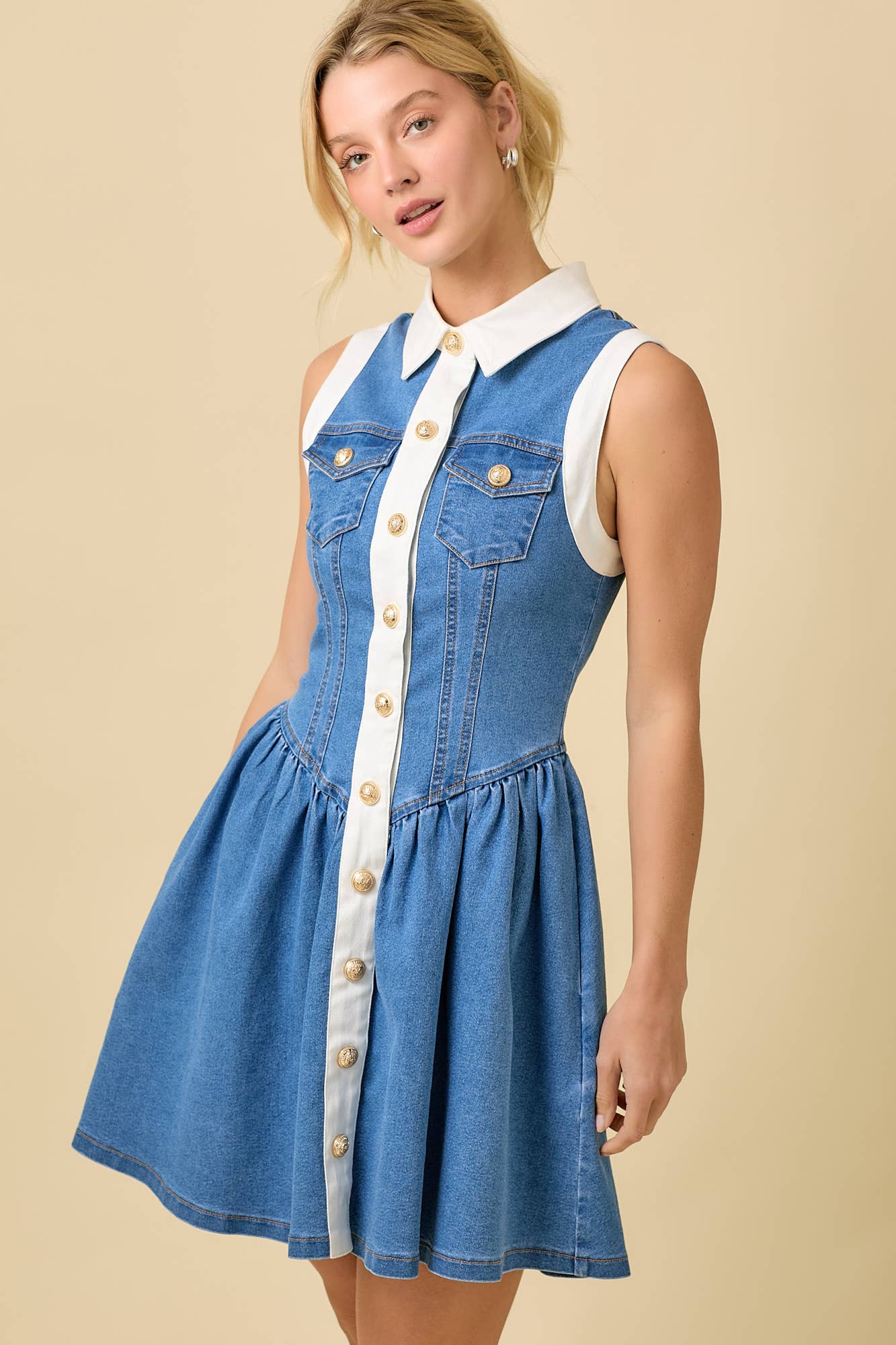 Collar Button Down Low Waist Denim Stretch Mini Dress