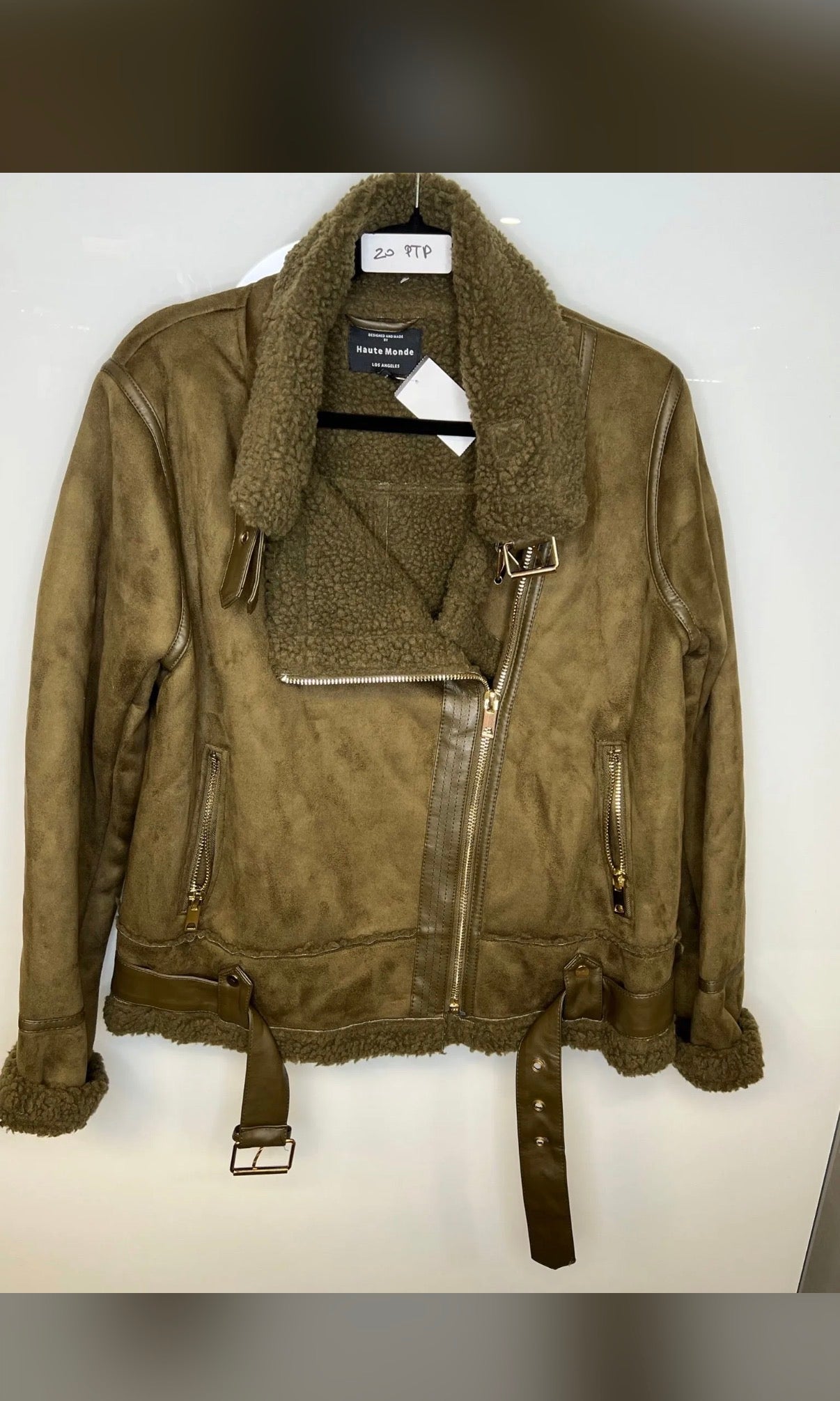 Haute Monde Olive Faux Shearling Moto Jacket
