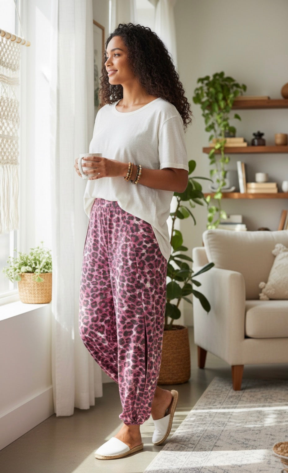 Zenana Open Slit Barrel Joggers pink leopard