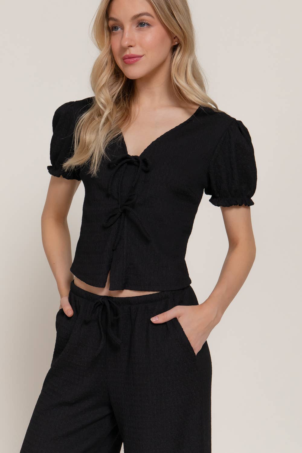 Short Sleeve V-Neck with Tie Top & Texture Knit Pants Set