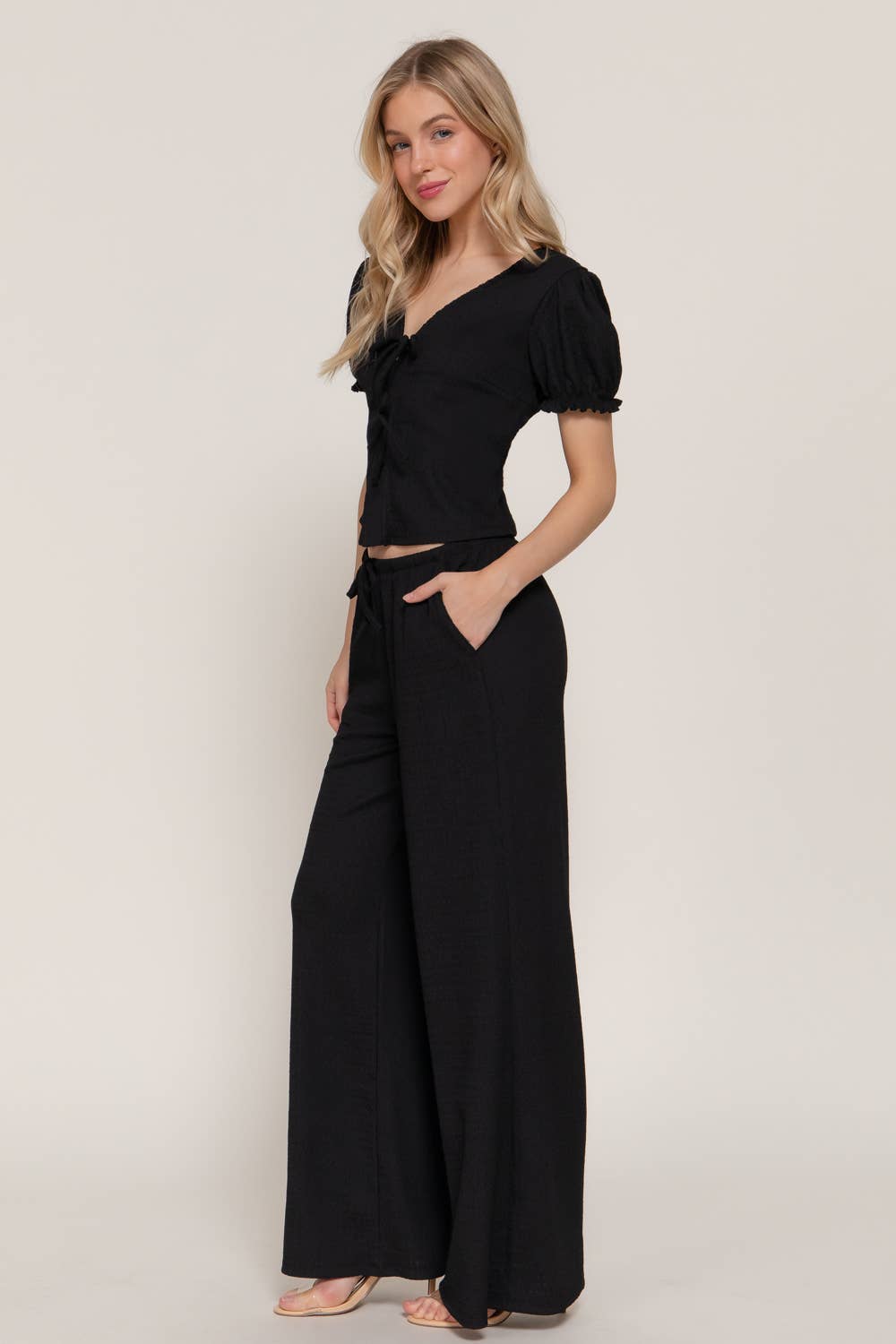 Short Sleeve V-Neck with Tie Top & Texture Knit Pants Set