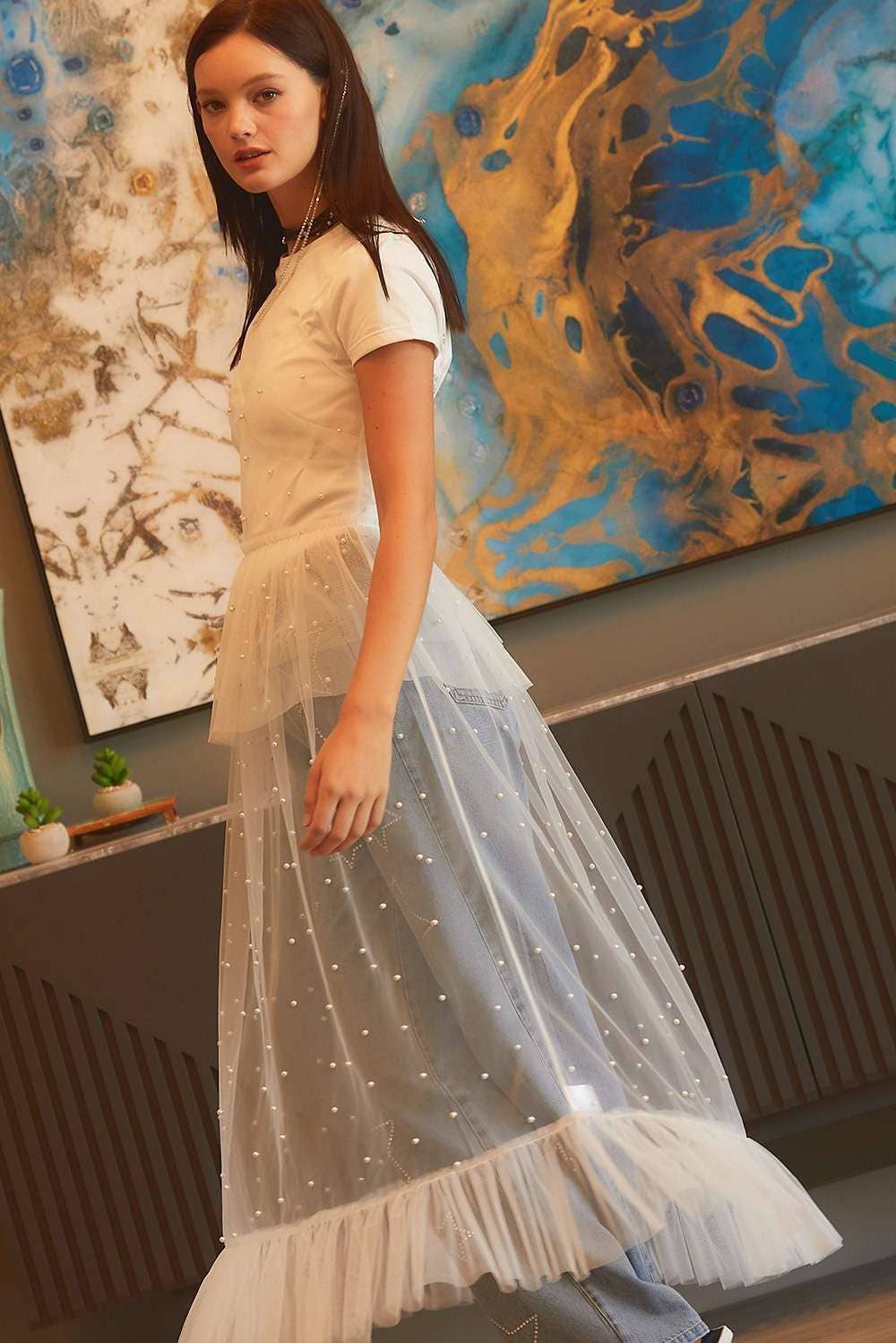 Pearl Ruffle See through Mesh Dress