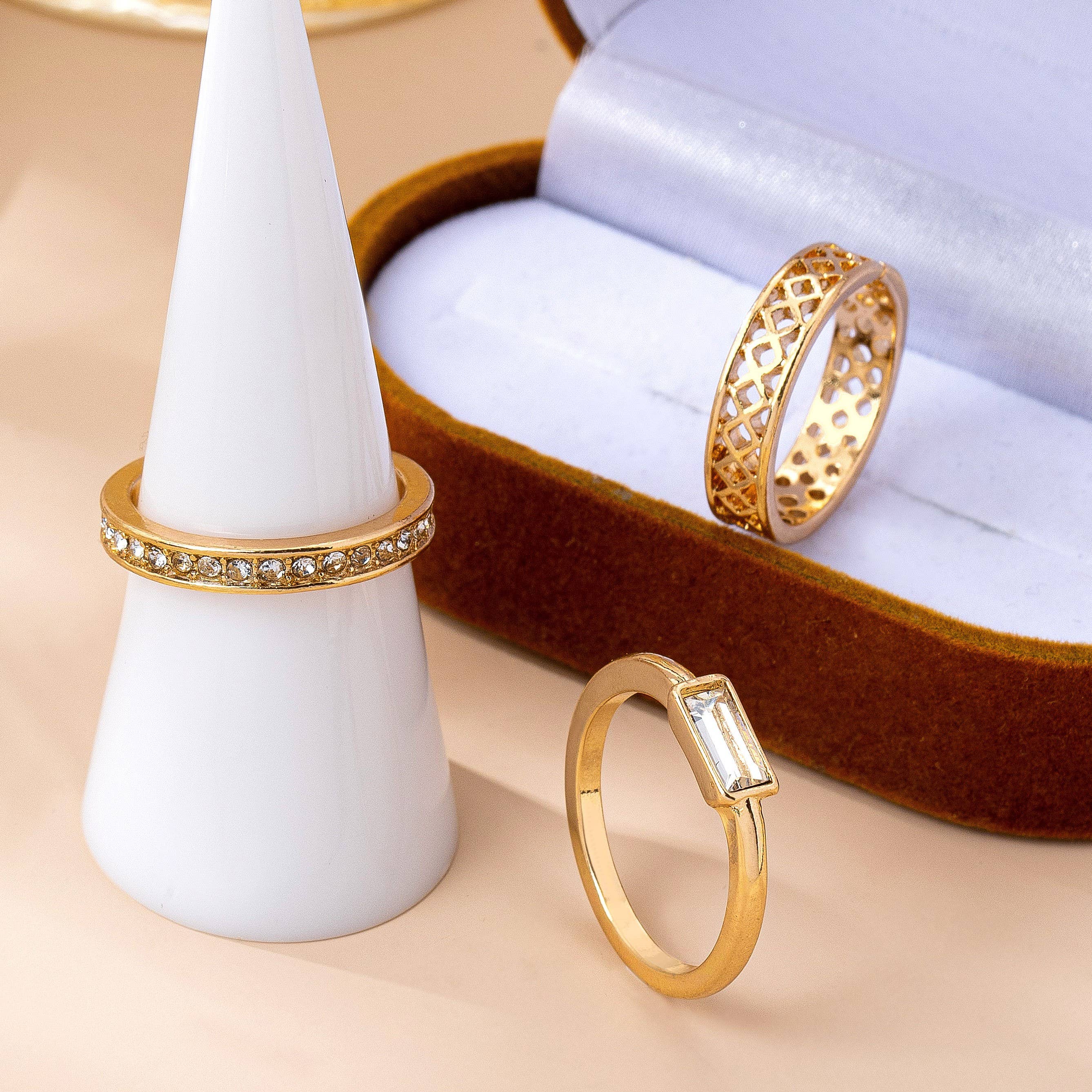 Gold Textured & Crystal Stacking Ring Trio | 80R154