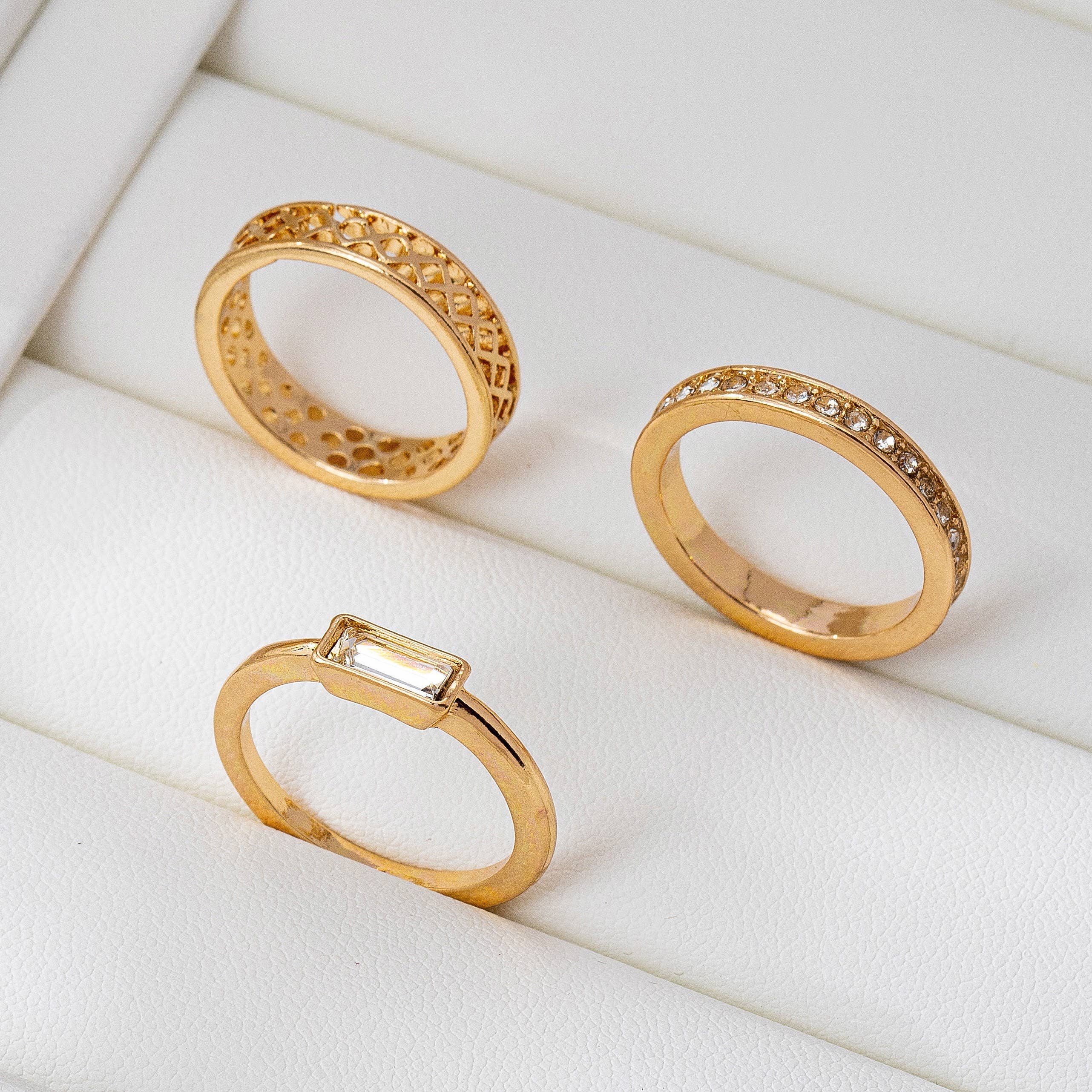 Gold Textured & Crystal Stacking Ring Trio | 80R154