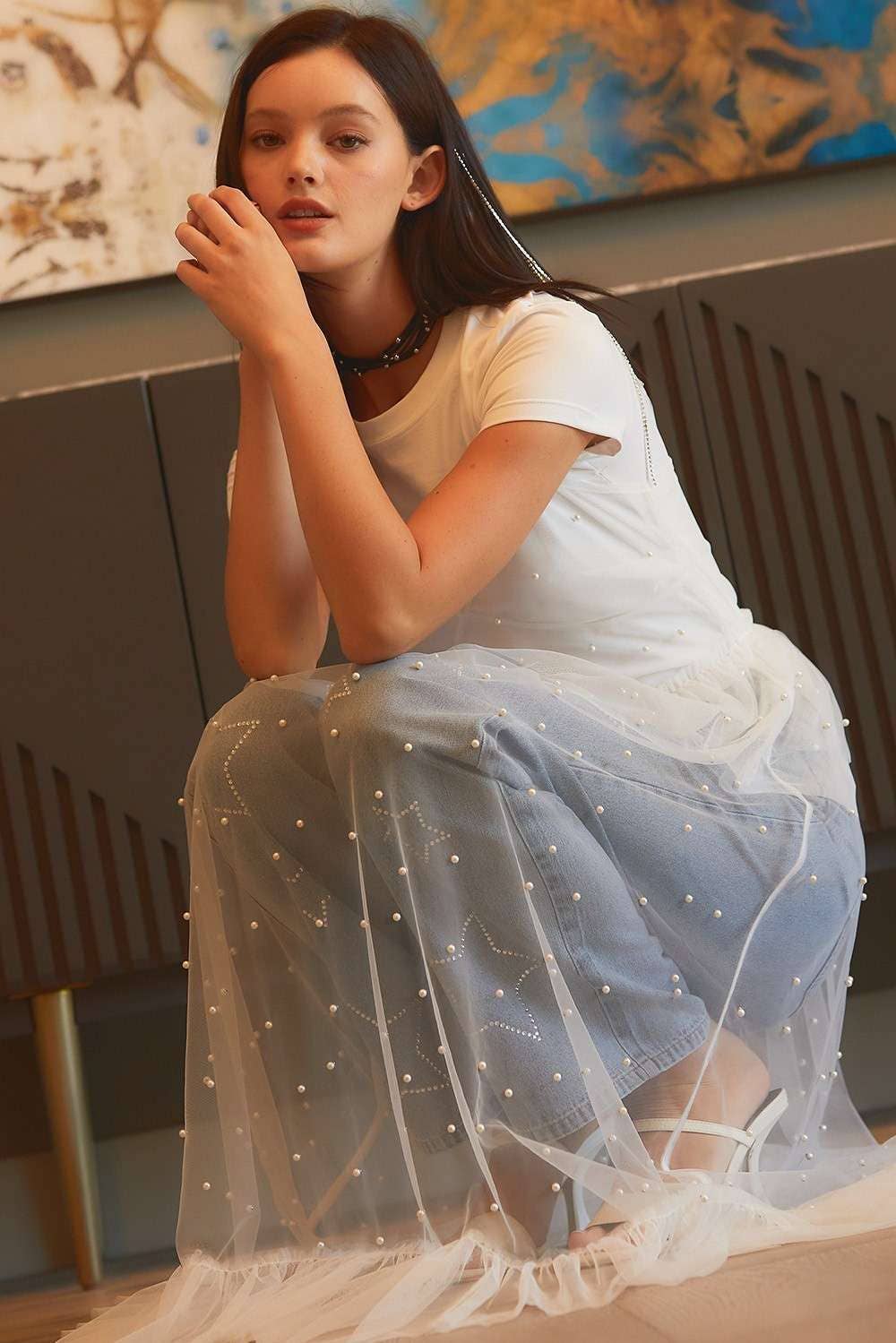 Pearl Ruffle See through Mesh Dress