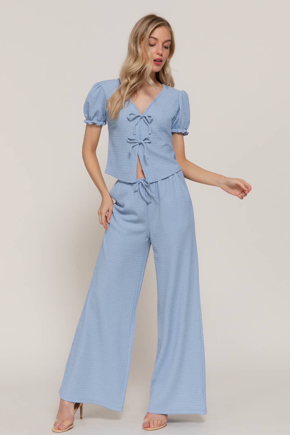 Short Sleeve V-Neck with Tie Top & Texture Knit Pants Set