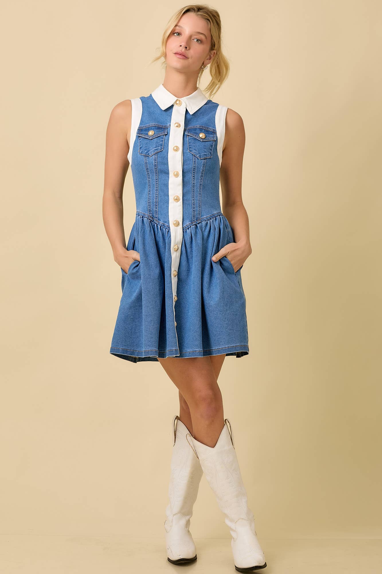 Collar Button Down Low Waist Denim Stretch Mini Dress