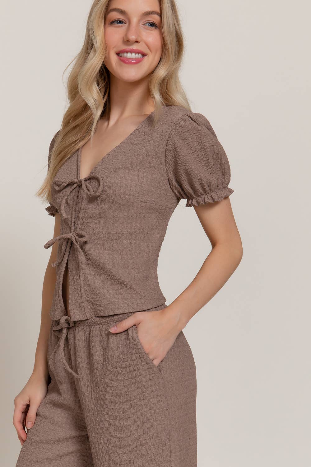 Short Sleeve V-Neck with Tie Top & Texture Knit Pants Set