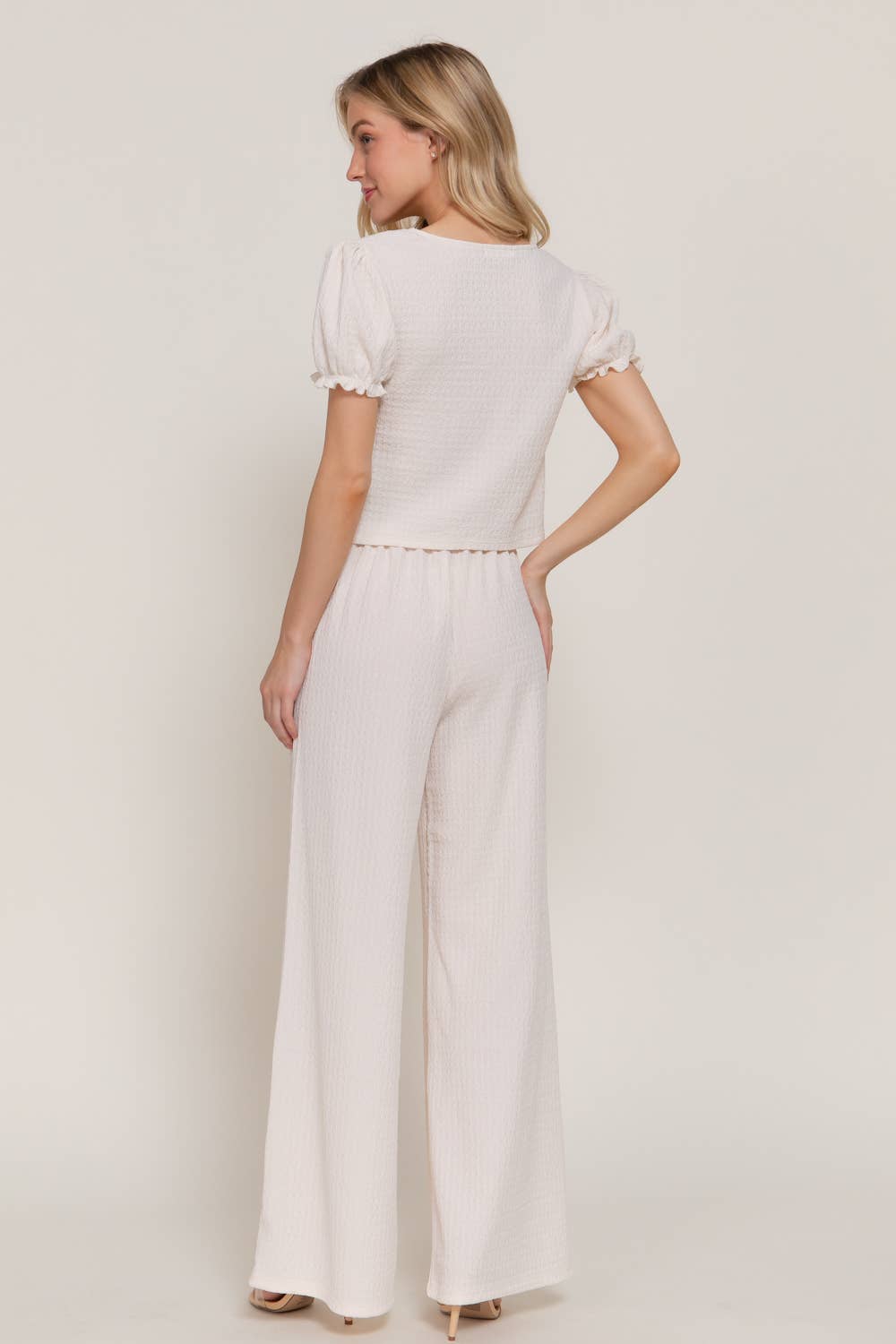 Short Sleeve V-Neck with Tie Top & Texture Knit Pants Set