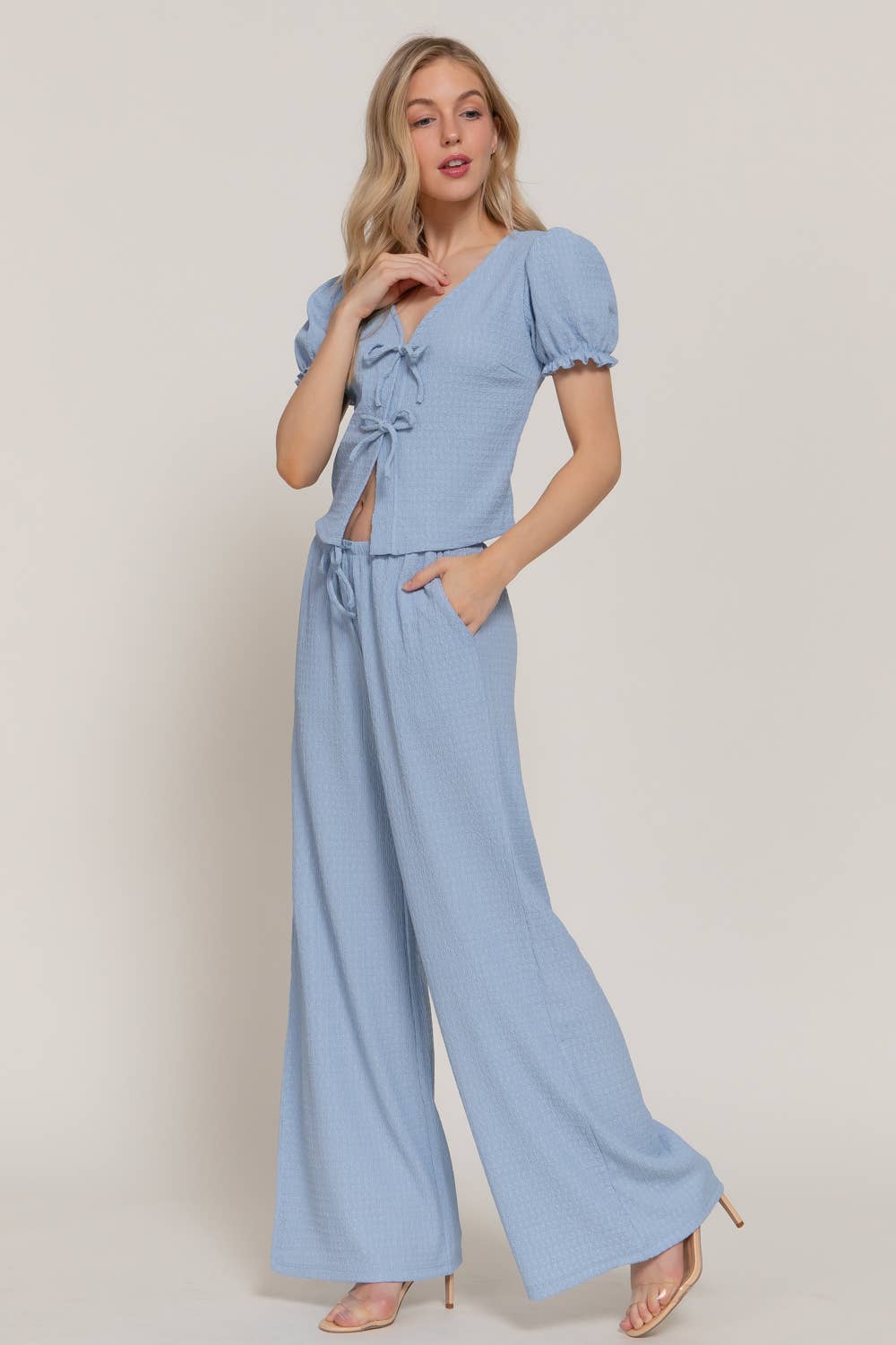 Short Sleeve V-Neck with Tie Top & Texture Knit Pants Set
