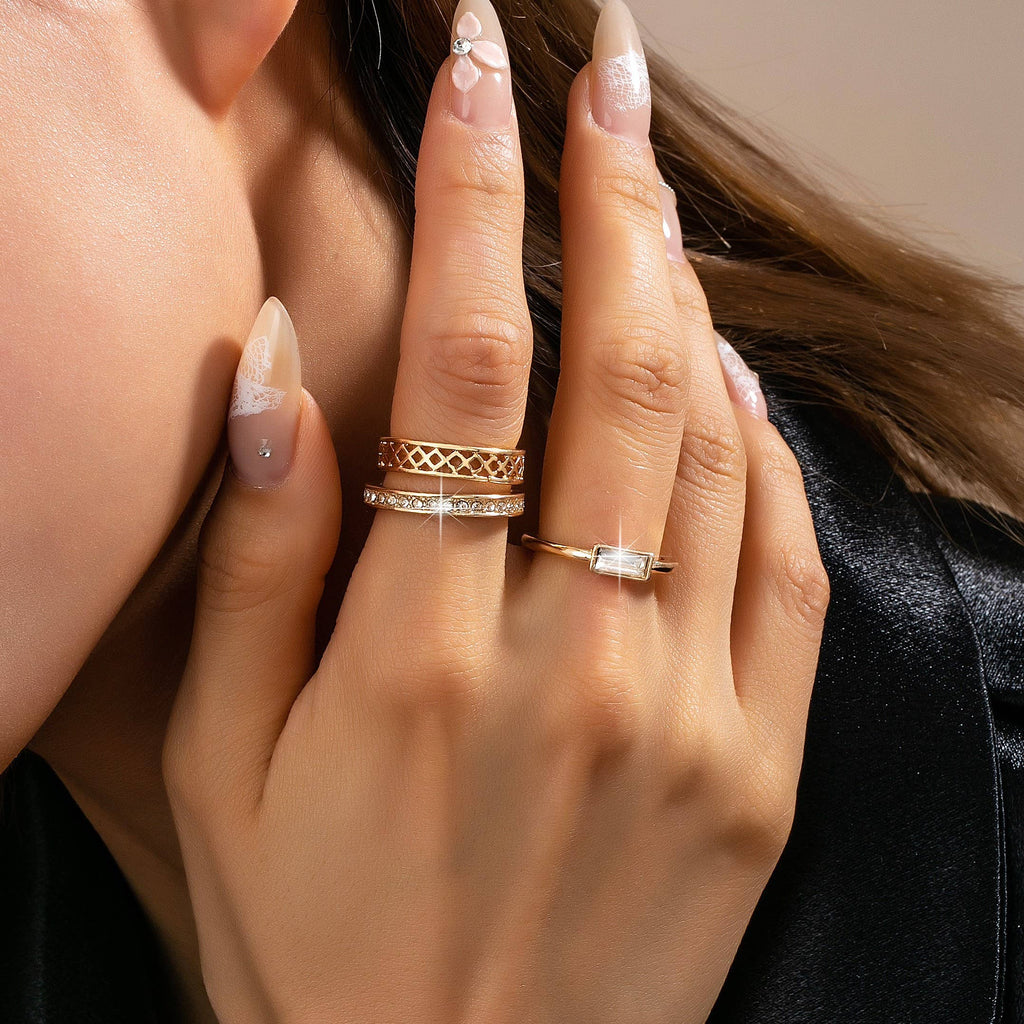Gold Textured & Crystal Stacking Ring Trio | 80R154